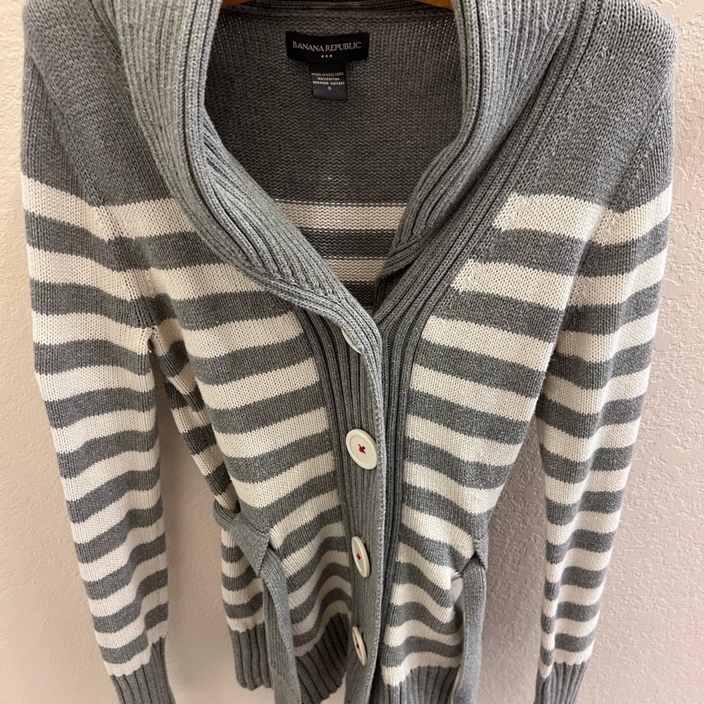 Banana Republic Women's Gray and White Striped Cardigan